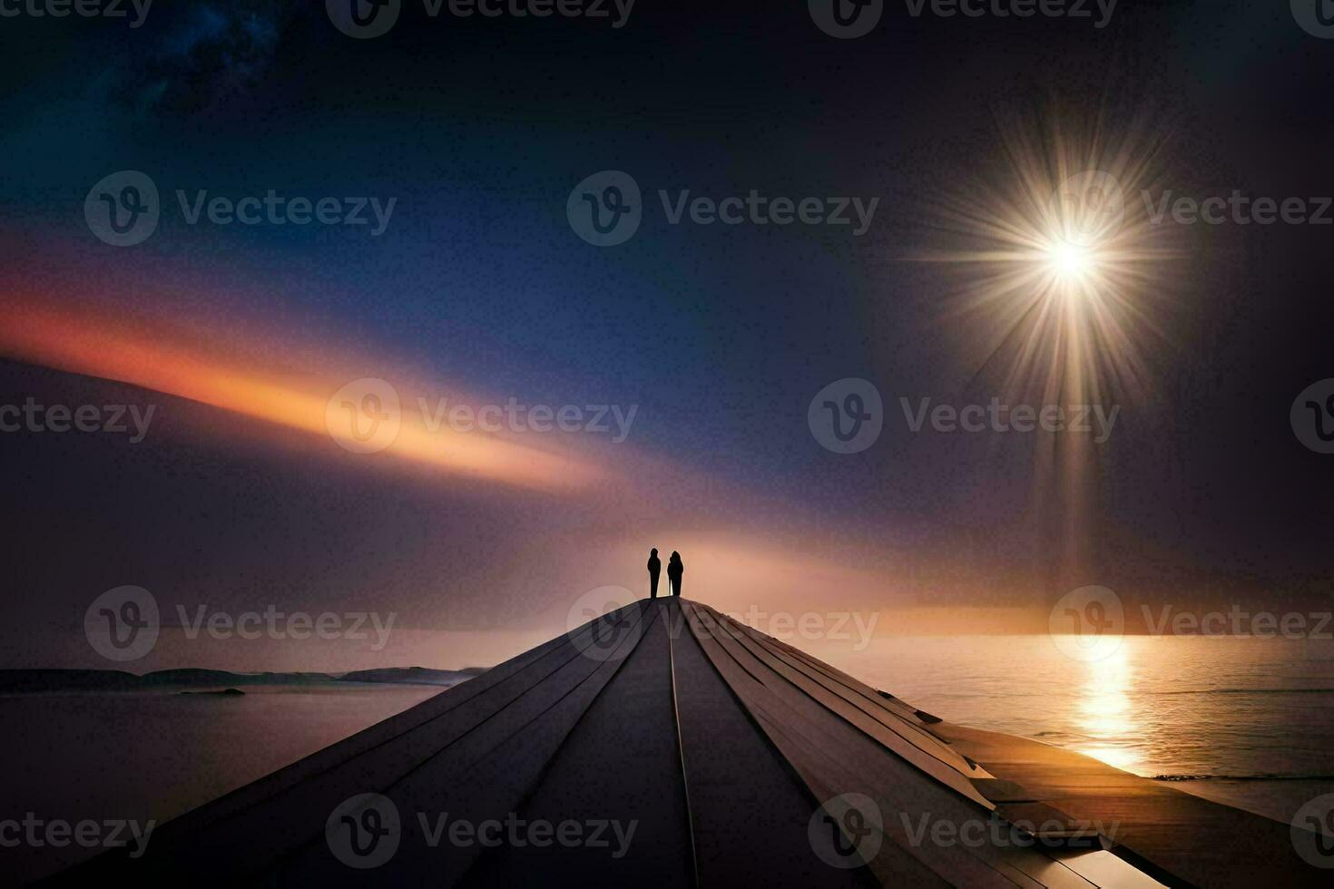 två människor stå på en pir ser på de himmel. ai-genererad foto