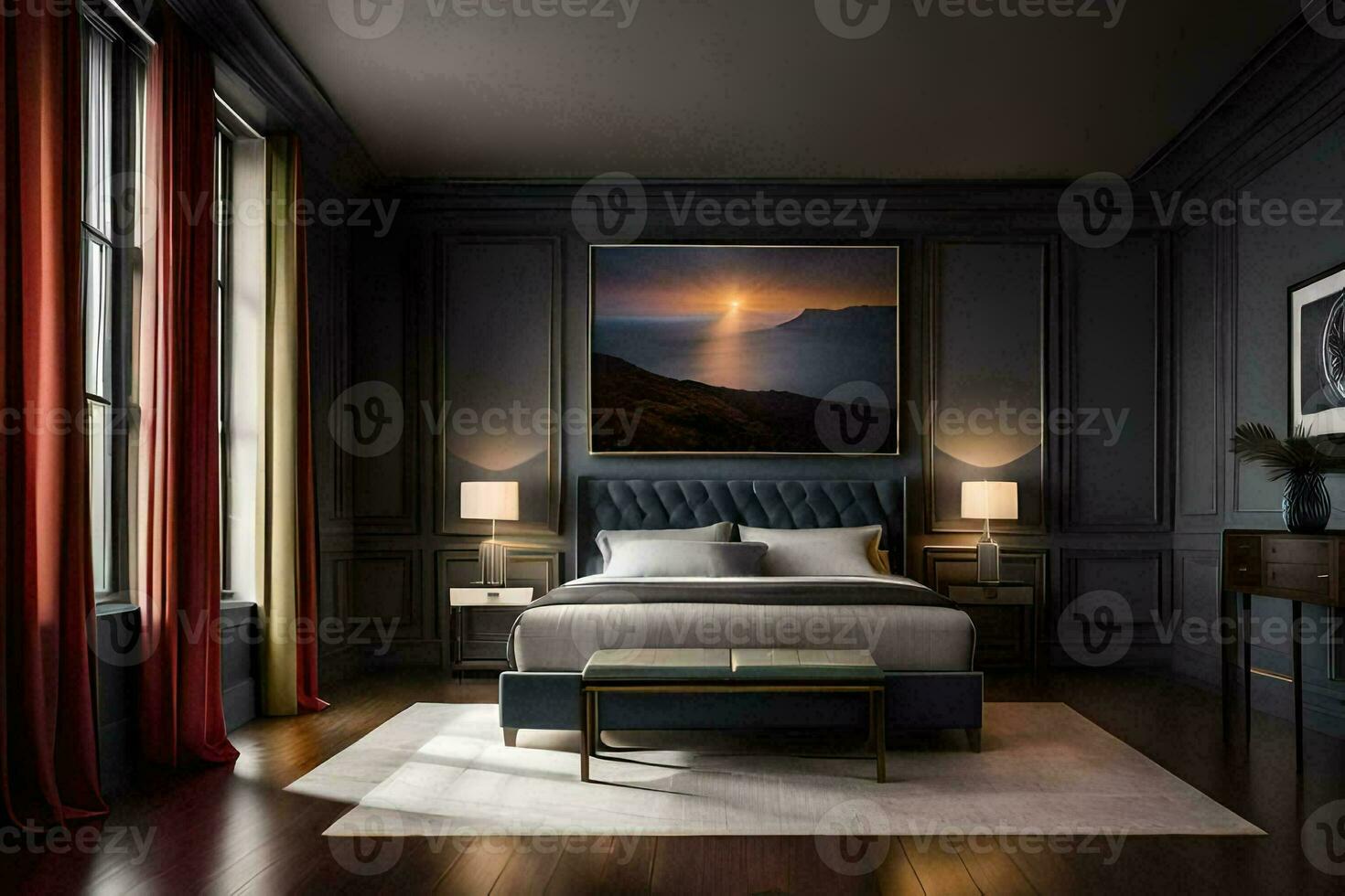 en sovrum med mörk väggar och en stor målning. ai-genererad foto