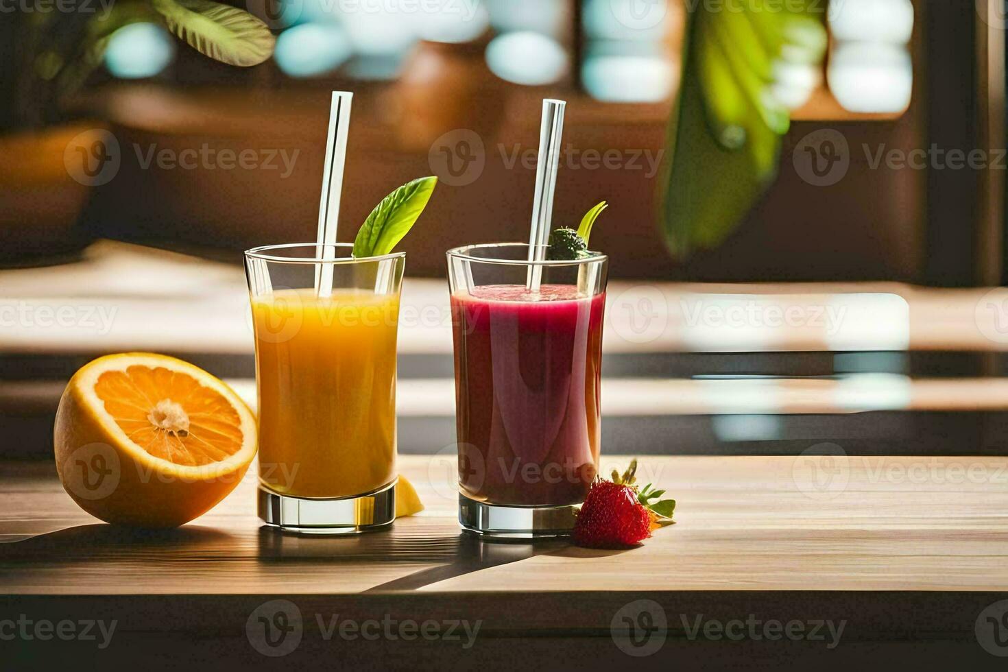 två glasögon av juice med strån på en trä- tabell. ai-genererad foto