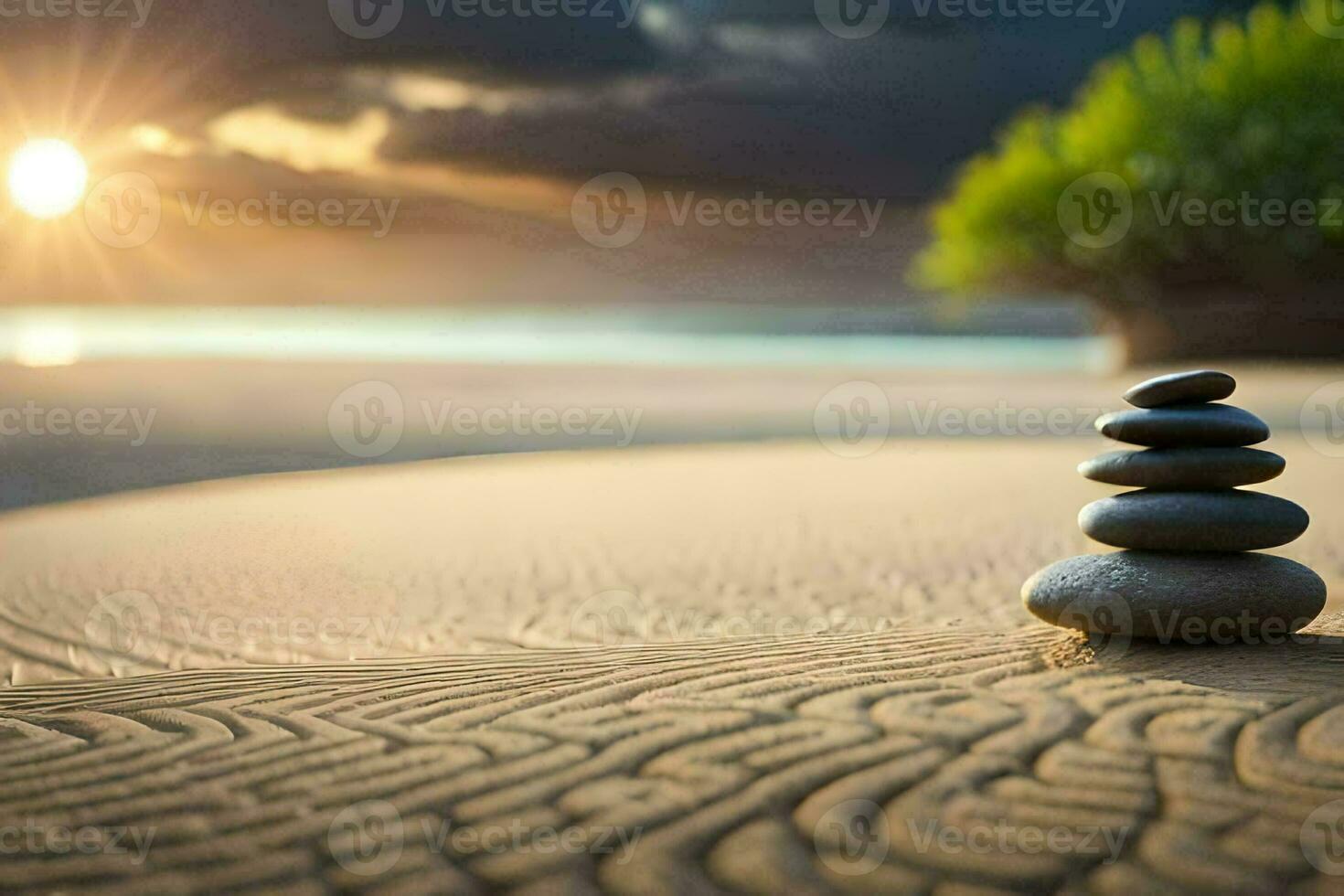 staplade stenar på de strand på solnedgång. ai-genererad foto