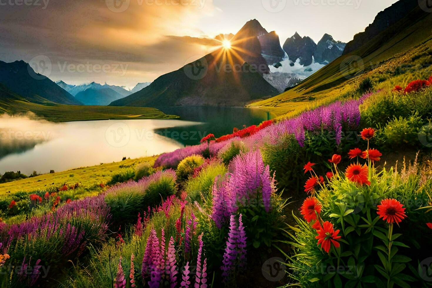 de Sol stiger över de bergen och blommor i de förgrund. ai-genererad foto