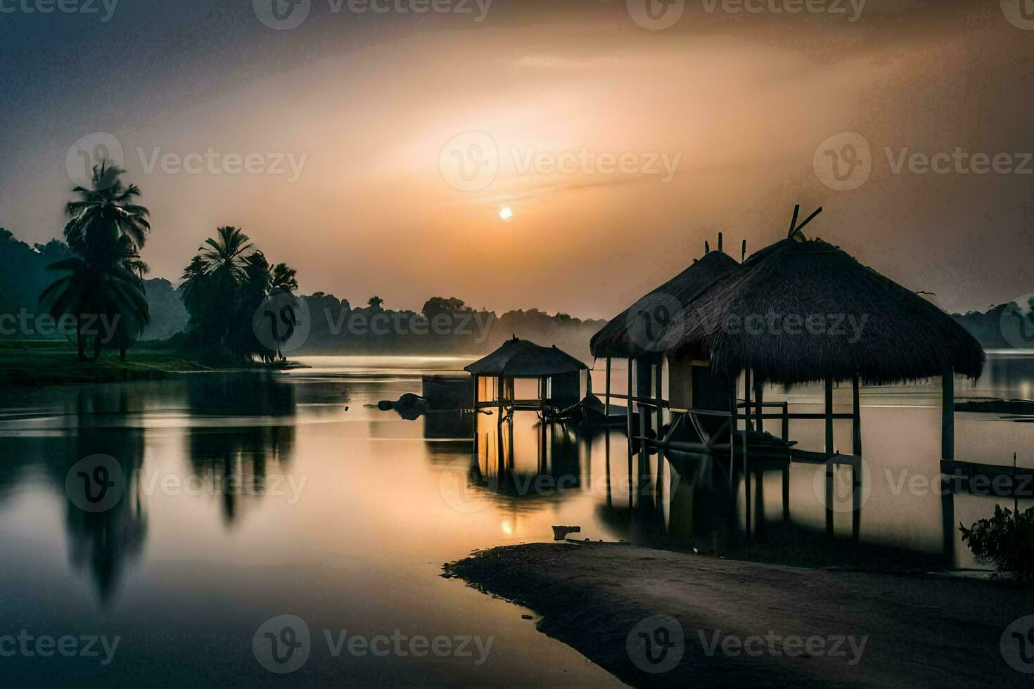 en solnedgång över en sjö med halmtak hyddor. ai-genererad foto