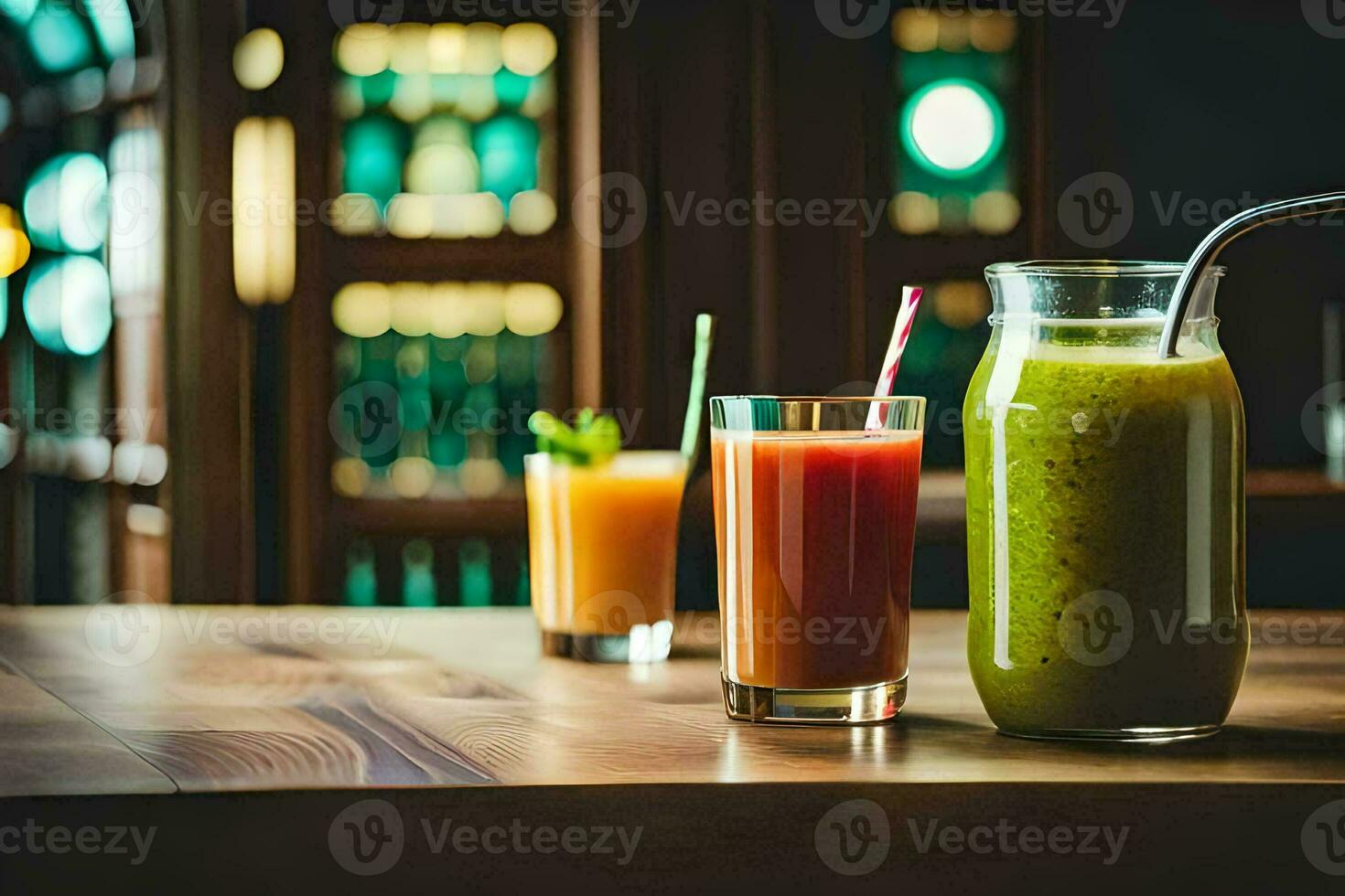 en tabell med två glasögon av juice och en tillbringare av juice. ai-genererad foto