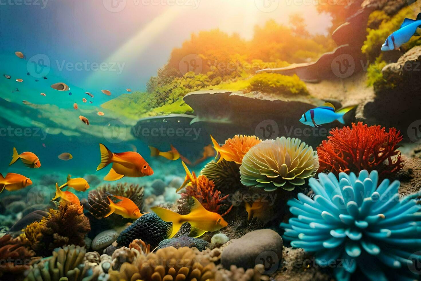 under vattnet scen med färgrik fisk och korall rev. ai-genererad foto