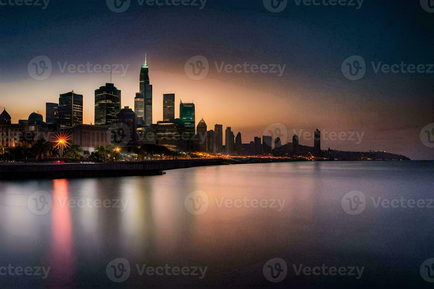 de chicago horisont på skymning. ai-genererad foto