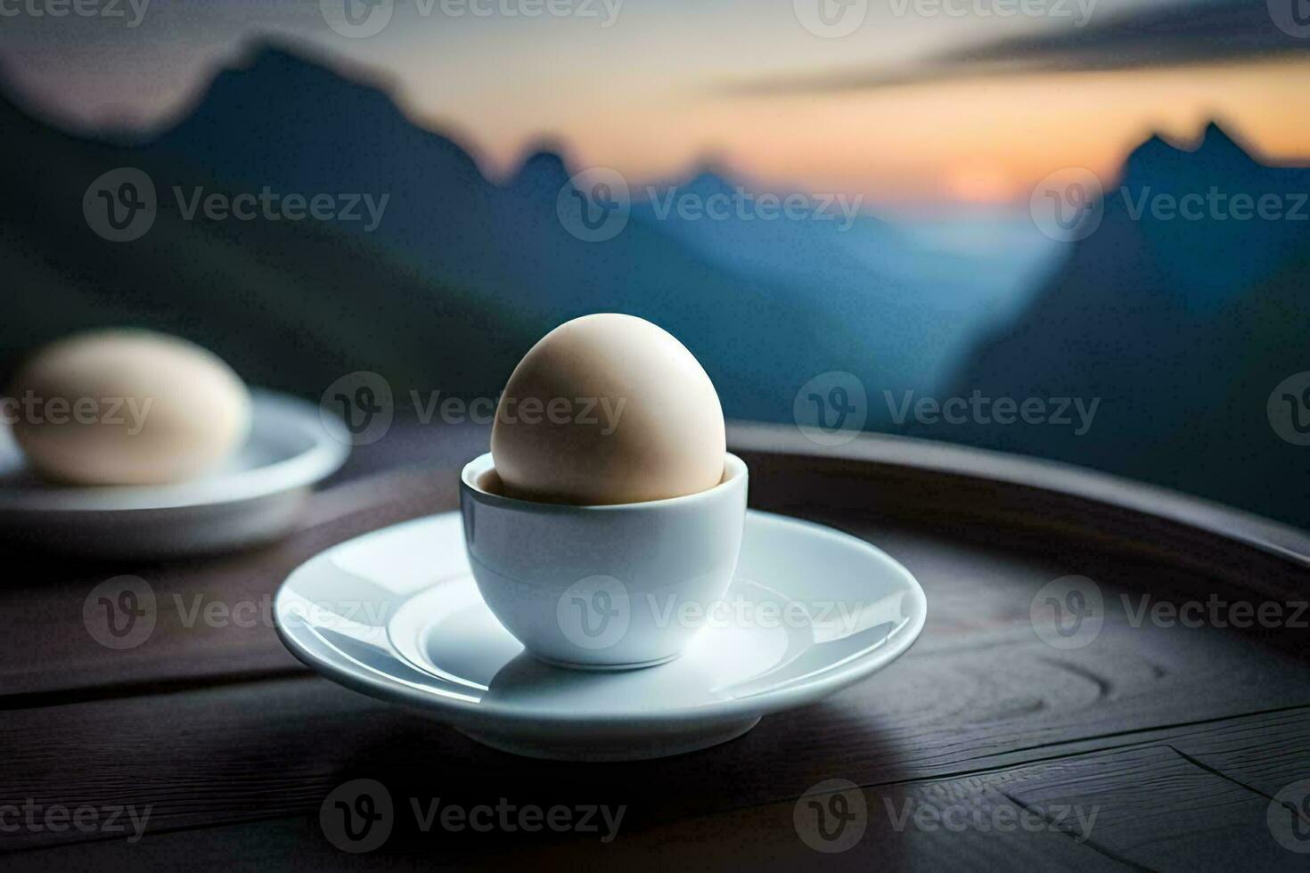ägg på en fat med bergen i de bakgrund. ai-genererad foto