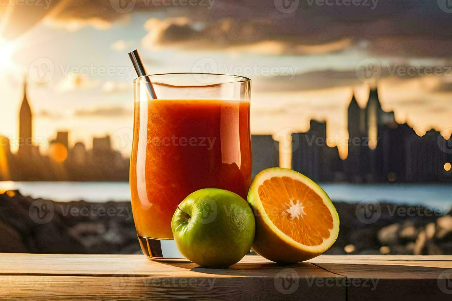 en glas av orange juice med ett äpple och ett orange på en tabell i främre av en stad. ai-genererad foto