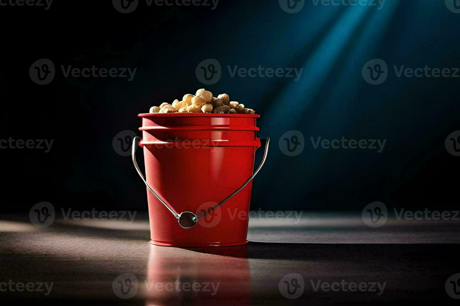 en röd hink fylld med popcorn på en mörk tabell. ai-genererad foto