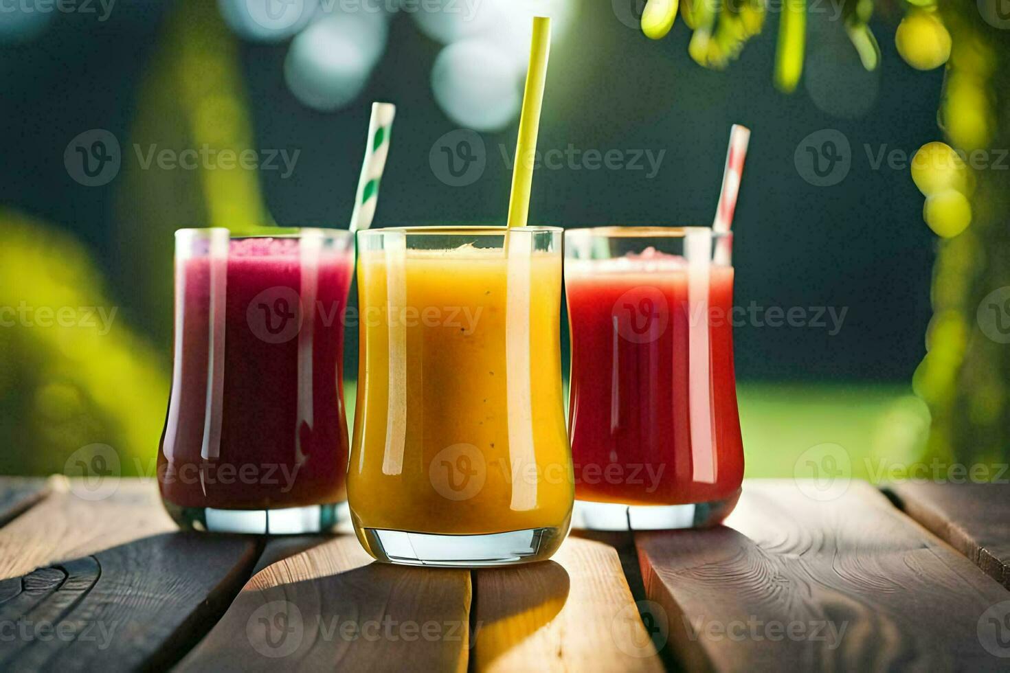 tre glasögon av juice på en trä- tabell. ai-genererad foto