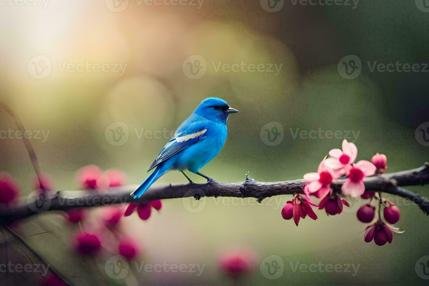 en blå fågel sitter på en gren med rosa blommor. ai-genererad foto