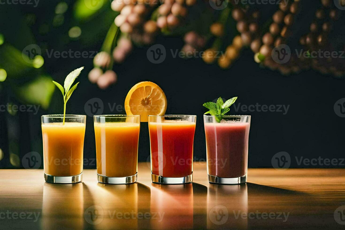fem glasögon av juice på en tabell. ai-genererad foto