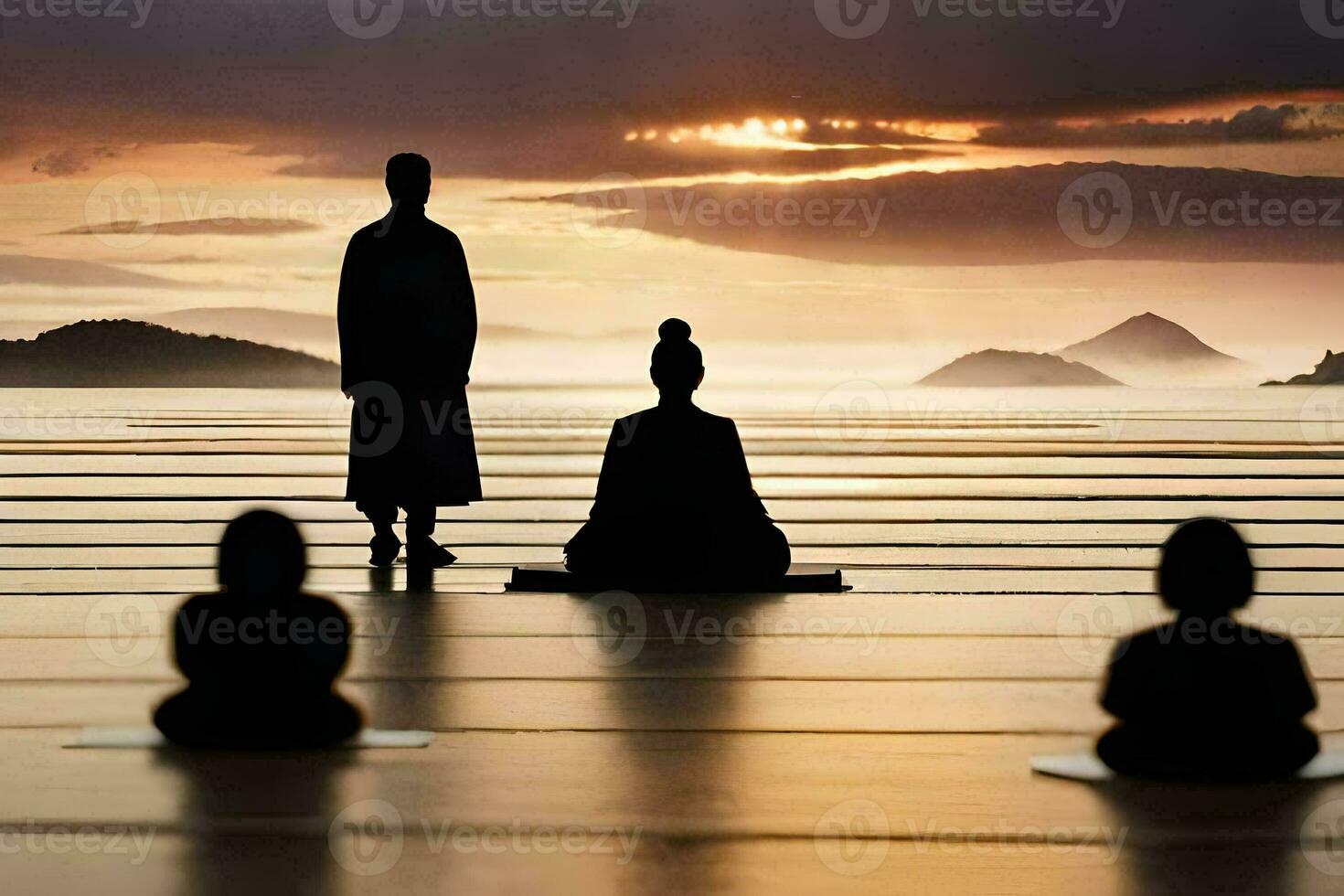 silhuetter av människor Sammanträde i meditation på en strand. ai-genererad foto