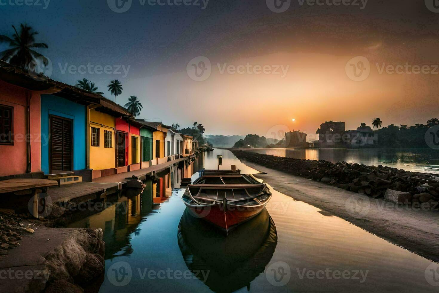 en båt sitter på de vatten i främre av färgrik hus. ai-genererad foto