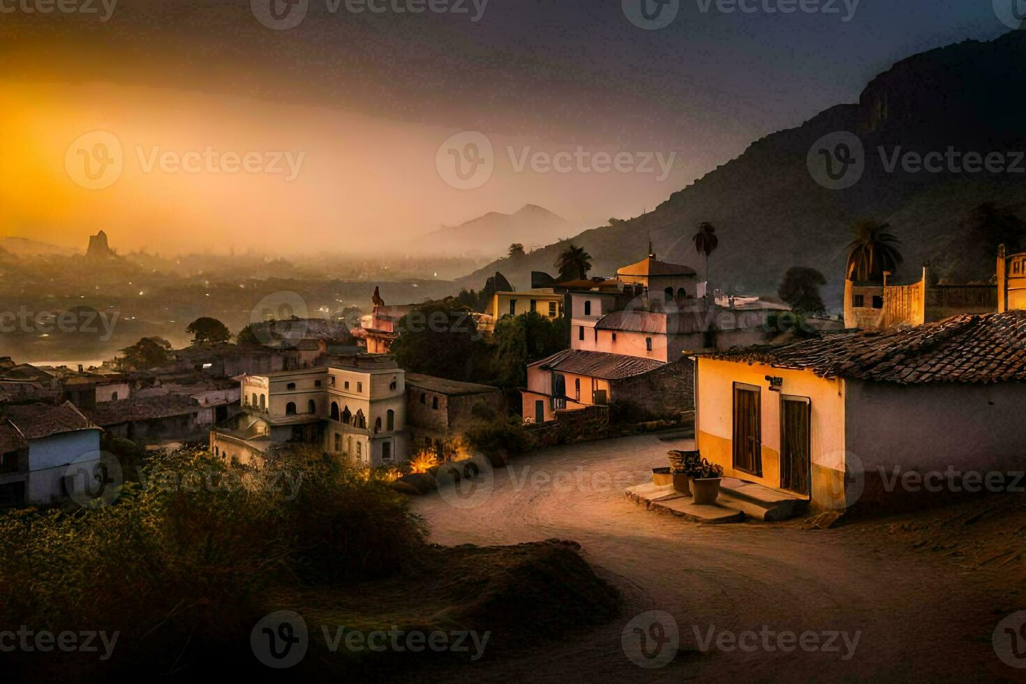 Foto tapet de himmel, berg, solnedgång, de stad, de by, de stad, de. ai-genererad