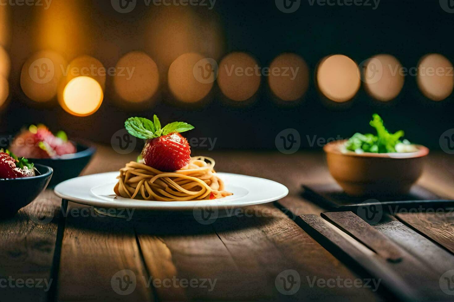 en tallrik av spaghetti med jordgubbar och en skål av sallad på en trä- tabell. ai-genererad foto