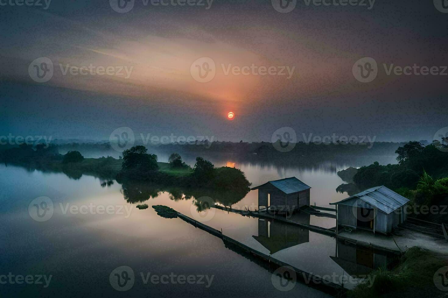 en båt docka och två hus på de vatten på solnedgång. ai-genererad foto