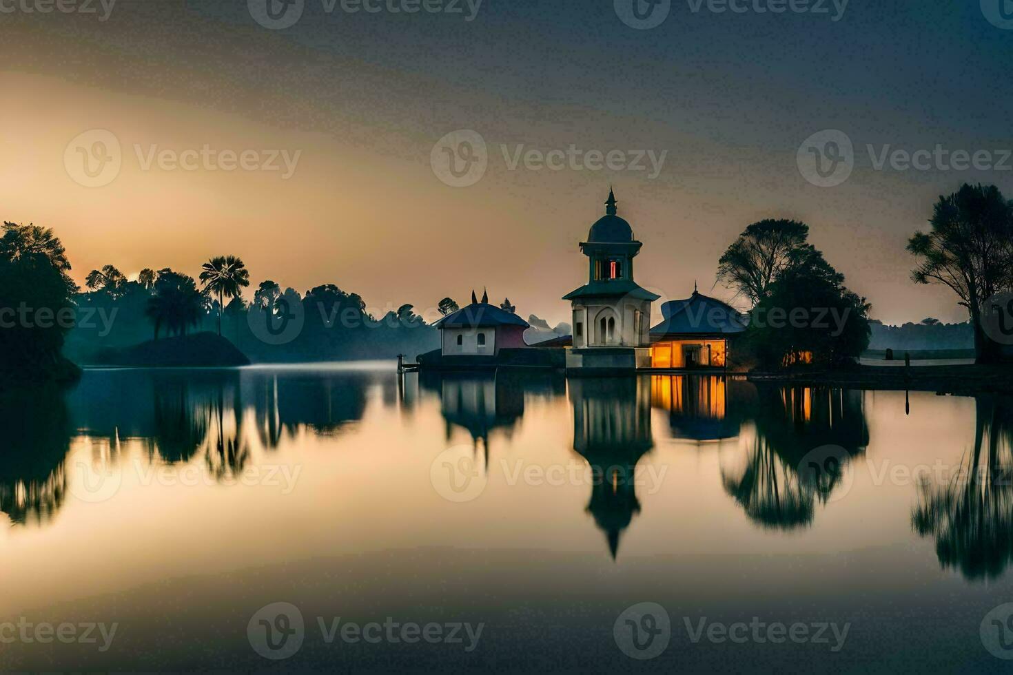 en kyrka är reflekterad i de vatten på soluppgång. ai-genererad foto
