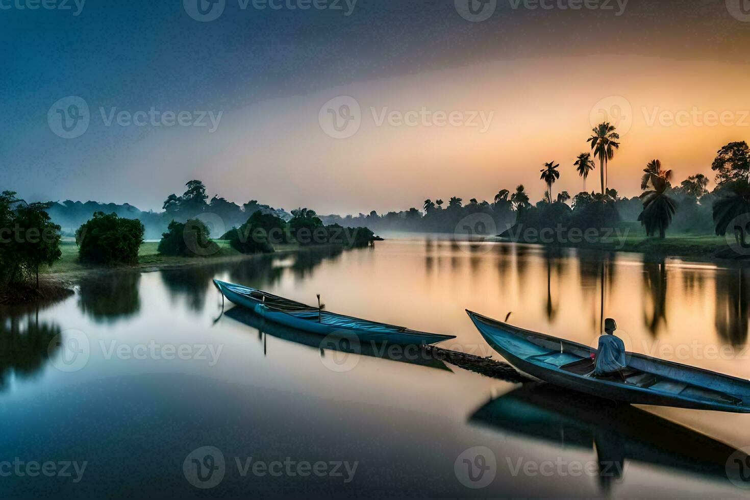 två båtar flytande på de flod på soluppgång. ai-genererad foto