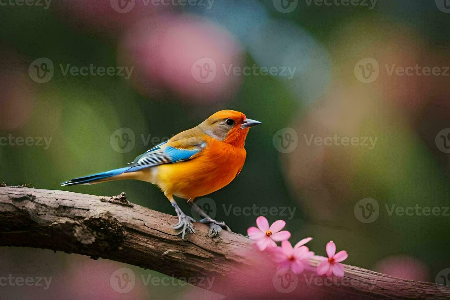 en färgrik fågel sitter på en gren med rosa blommor. ai-genererad foto