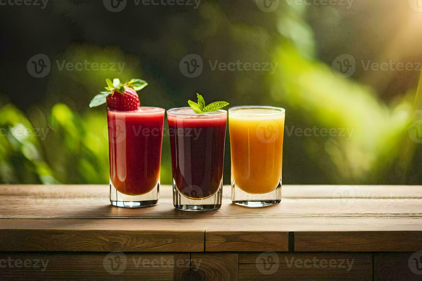 tre glasögon av juice på en trä- tabell. ai-genererad foto