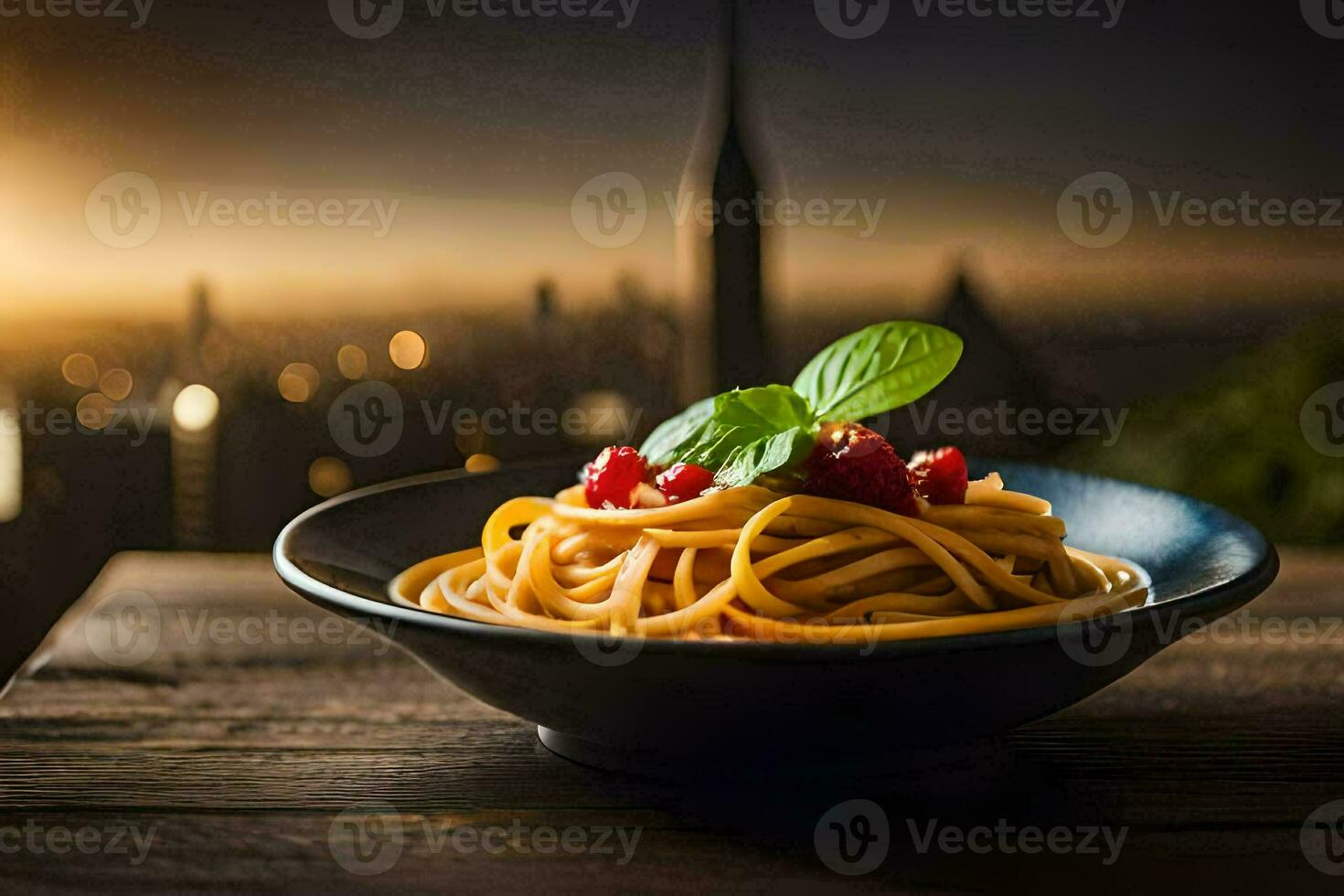 en skål av pasta med en se av de stad. ai-genererad foto