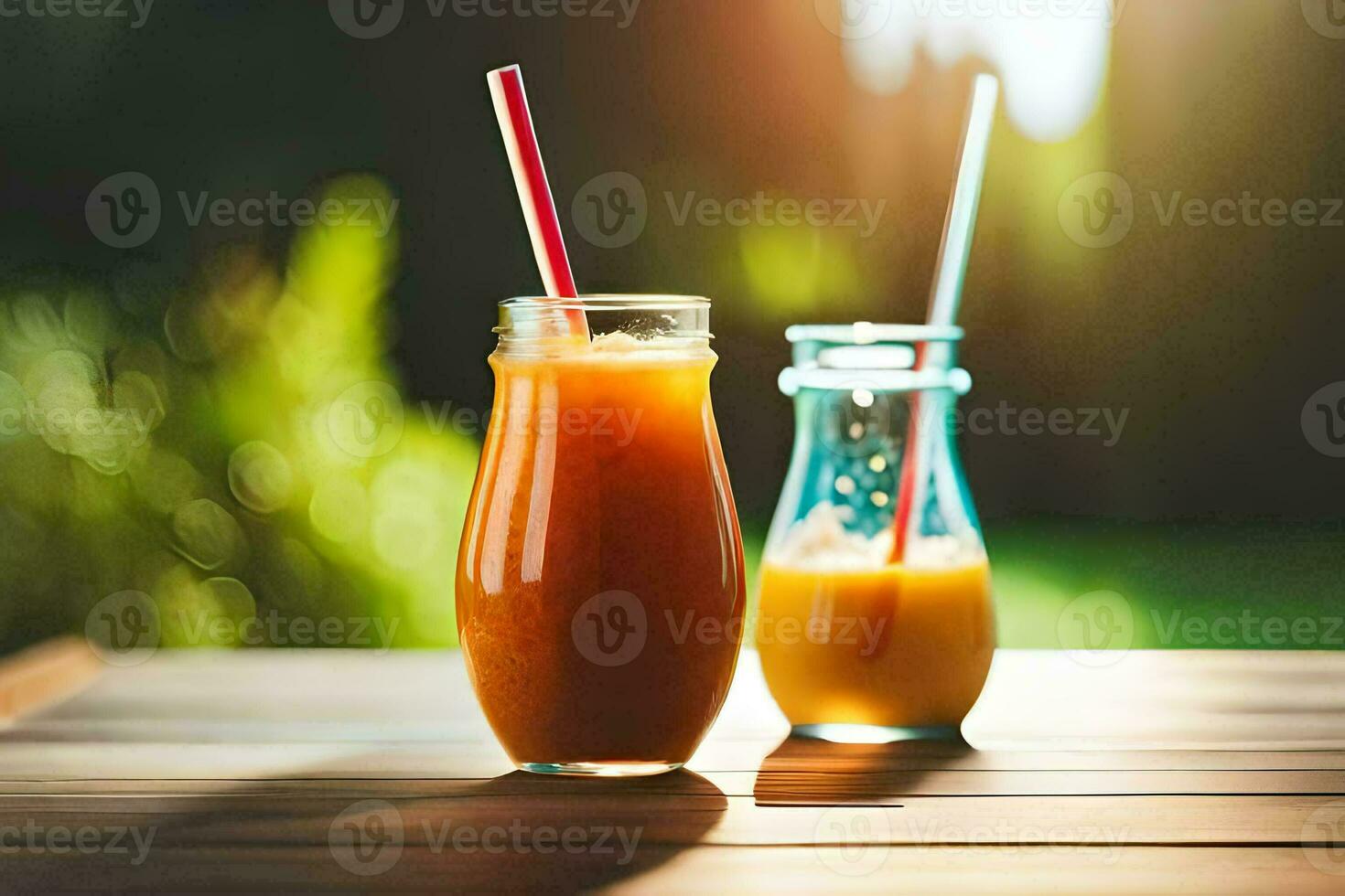 två glasögon av orange juice på en trä- tabell. ai-genererad foto