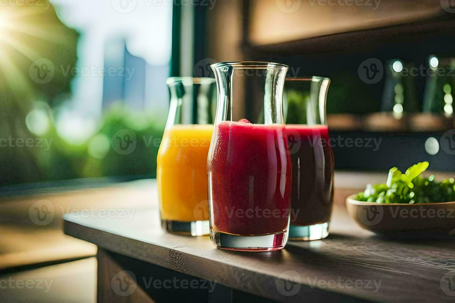 tre glasögon av juice på en tabell. ai-genererad foto