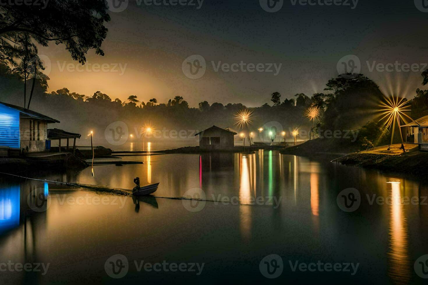 en båt är bunden till en docka på natt. ai-genererad foto