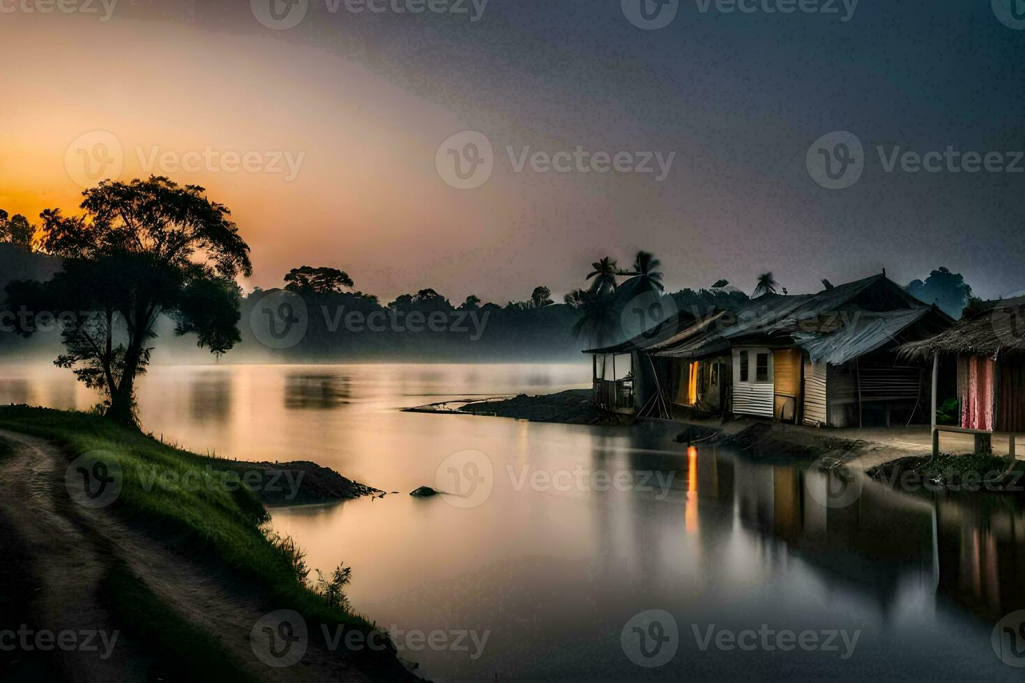 en flod på soluppgång med hus och träd. ai-genererad foto