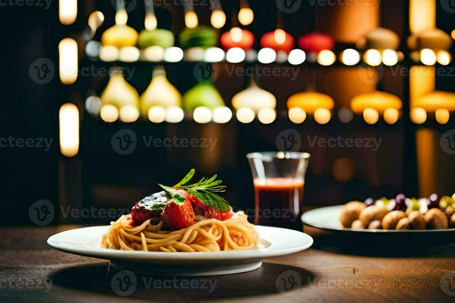 en tallrik av spaghetti och en glas av vin på en tabell. ai-genererad foto