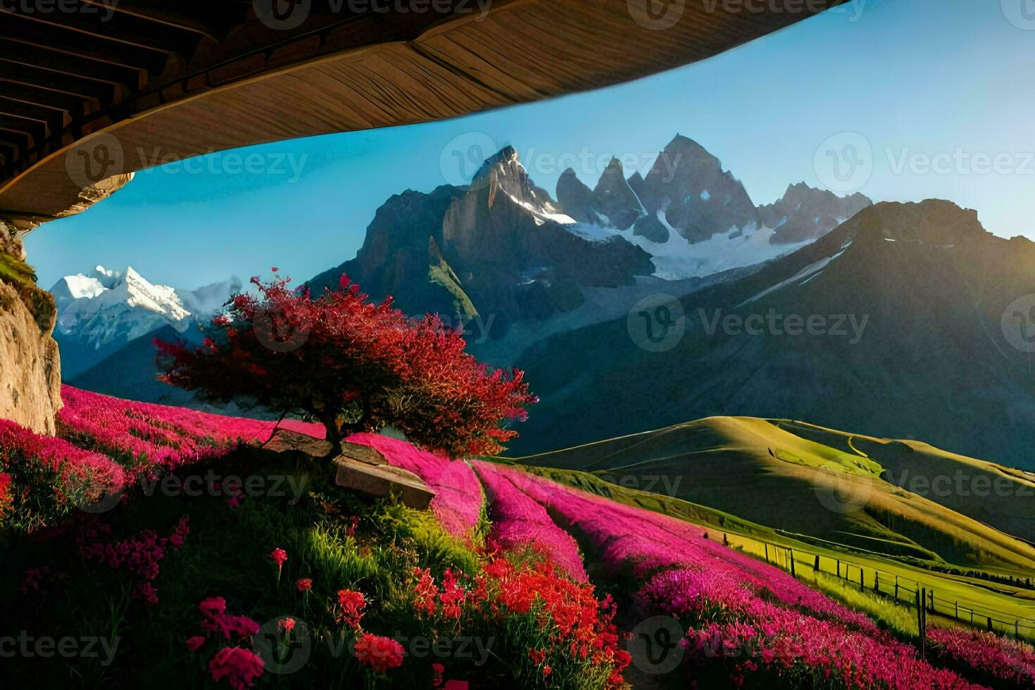 de Sol lyser genom de träd och blommor i de berg. ai-genererad foto