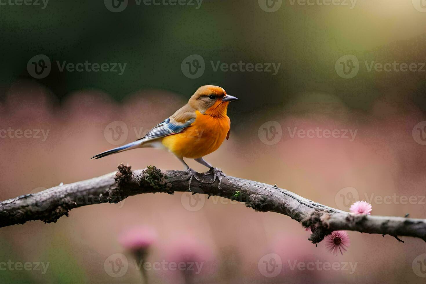 en små orange fågel sitter på en gren i främre av rosa blommor. ai-genererad foto