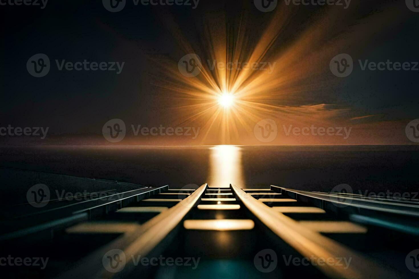 en tåg Spår ledande till de Sol. ai-genererad foto