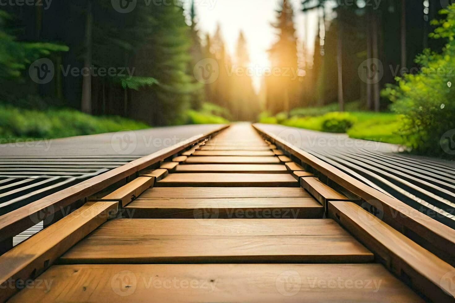 en järnväg Spår i de mitten av en skog. ai-genererad foto