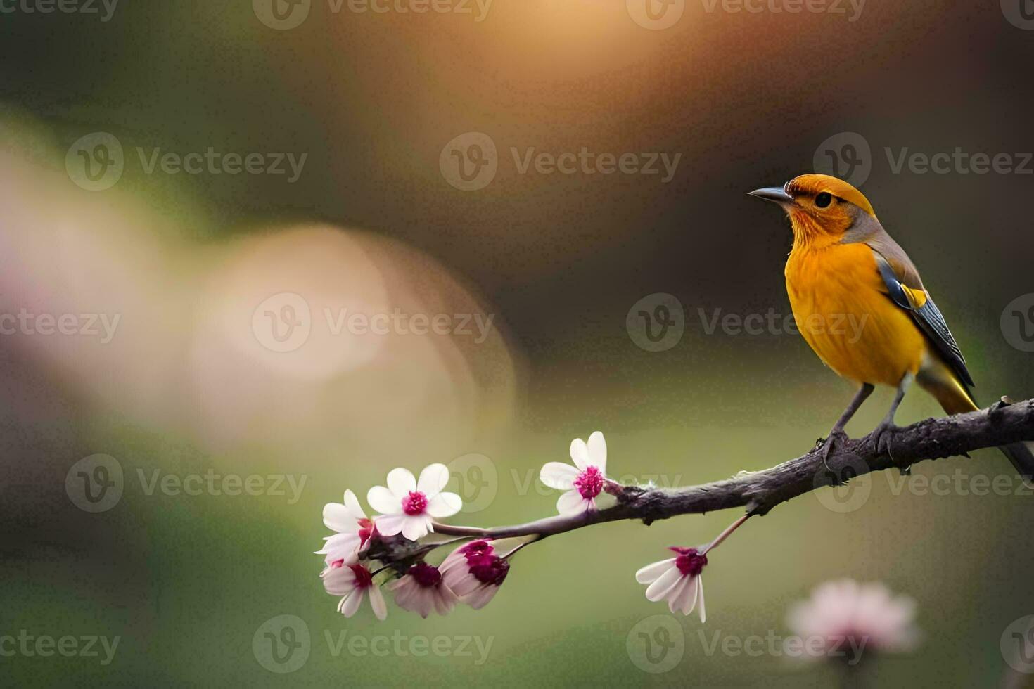 Foto tapet de Sol, fågel, vår, blommor, de fågel, vår, blommor, de. ai-genererad