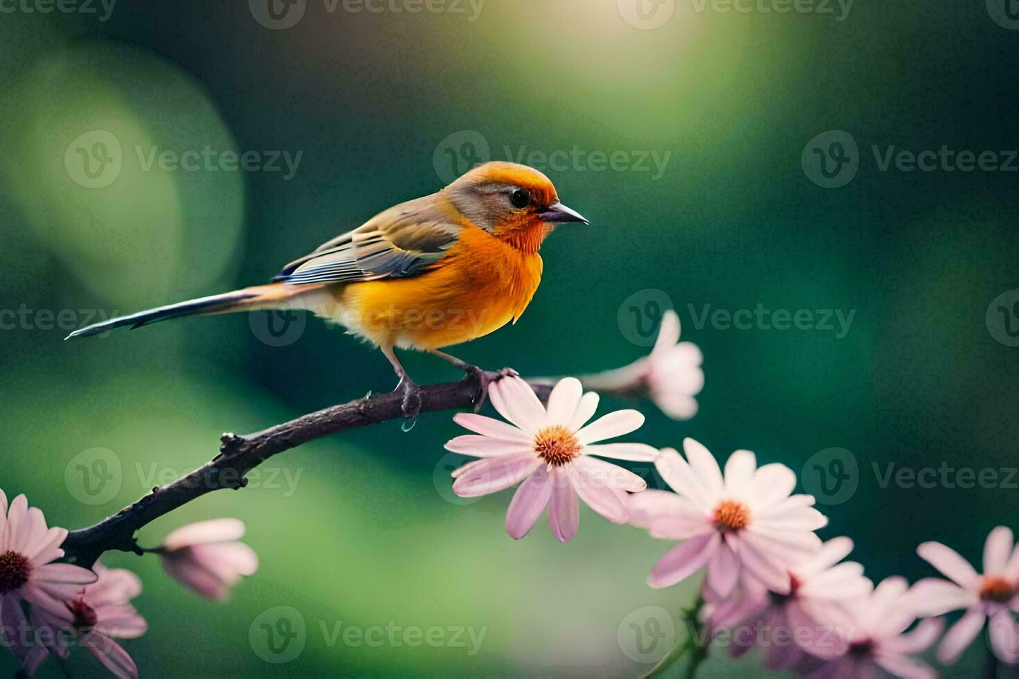 en små orange fågel är uppflugen på en gren med rosa blommor. ai-genererad foto