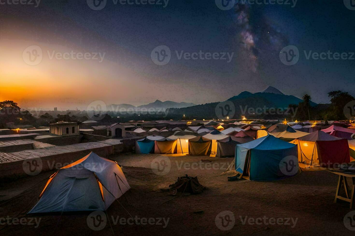 de mjölkig sätt över de tält på natt. ai-genererad foto