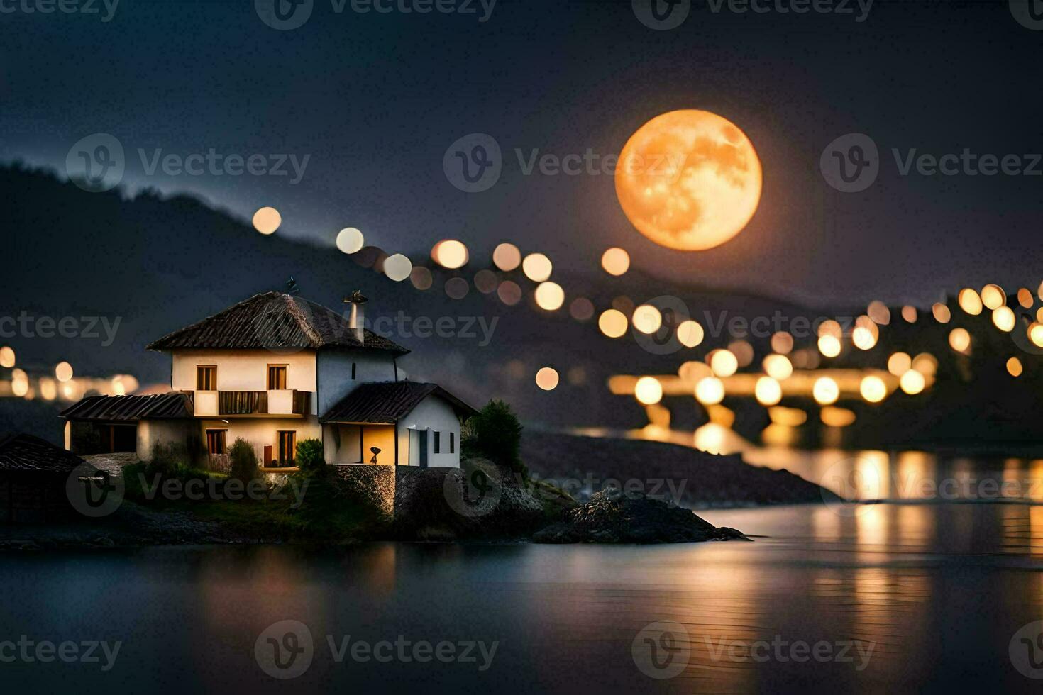 Foto tapet de måne, hus, sjö, de natt, de måne, de hus, de. ai-genererad