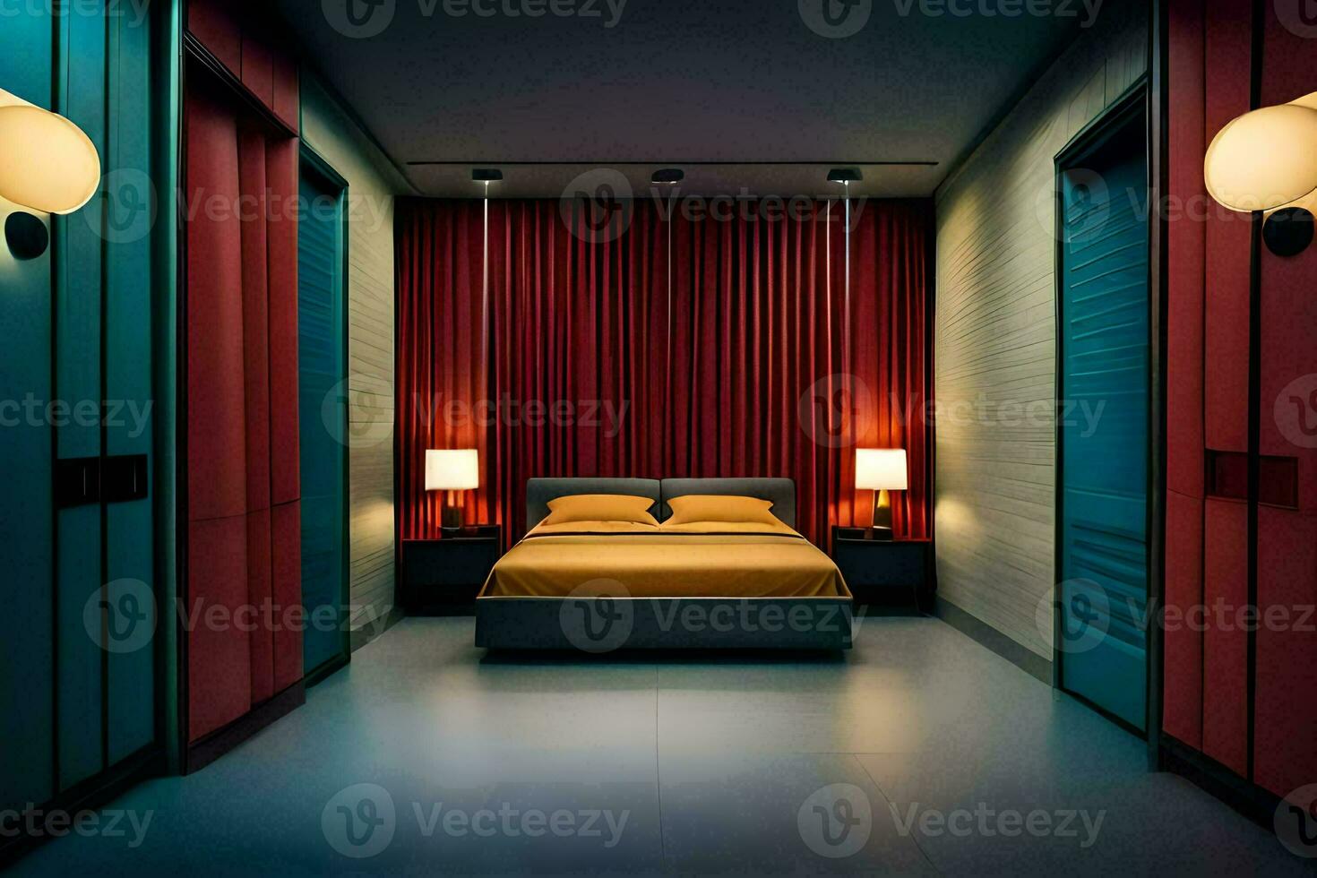 en sovrum med röd och blå väggar och en säng. ai-genererad foto
