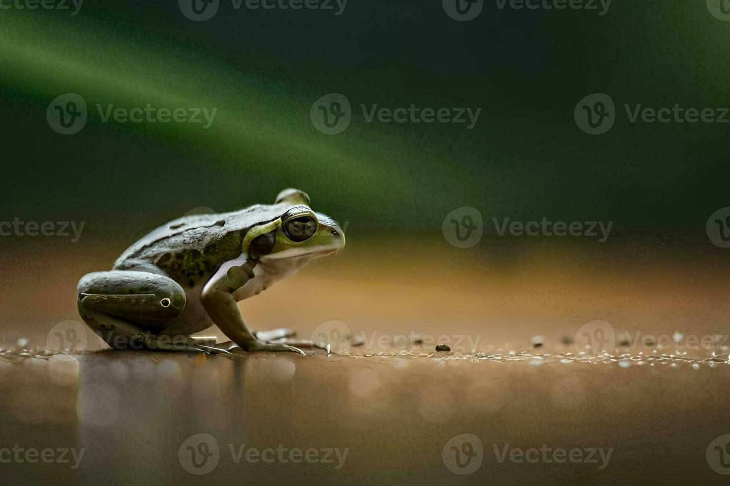 en groda Sammanträde på de jord med vatten droppar. ai-genererad foto