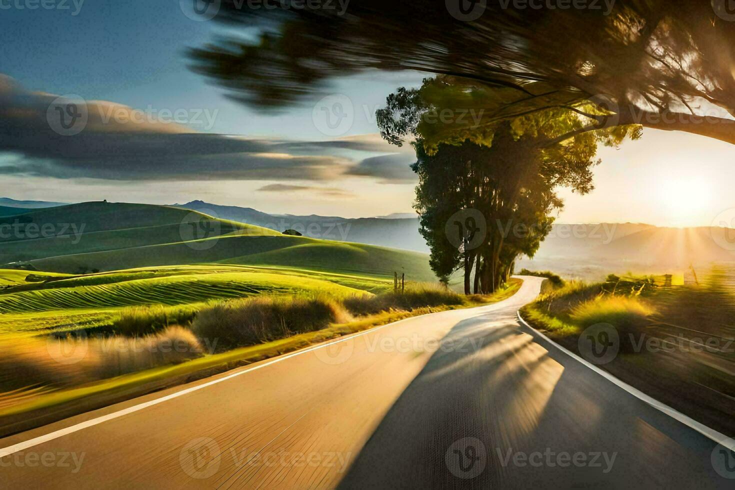 en väg i de landsbygden med träd och gräs. ai-genererad foto