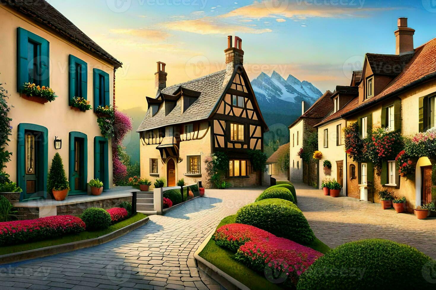 en gata i de by med blommor och hus. ai-genererad foto