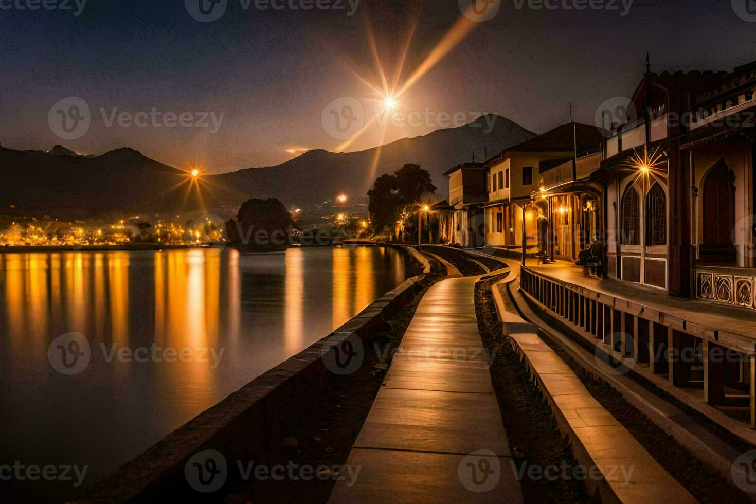 en lång promenad längs de flod på natt. ai-genererad foto