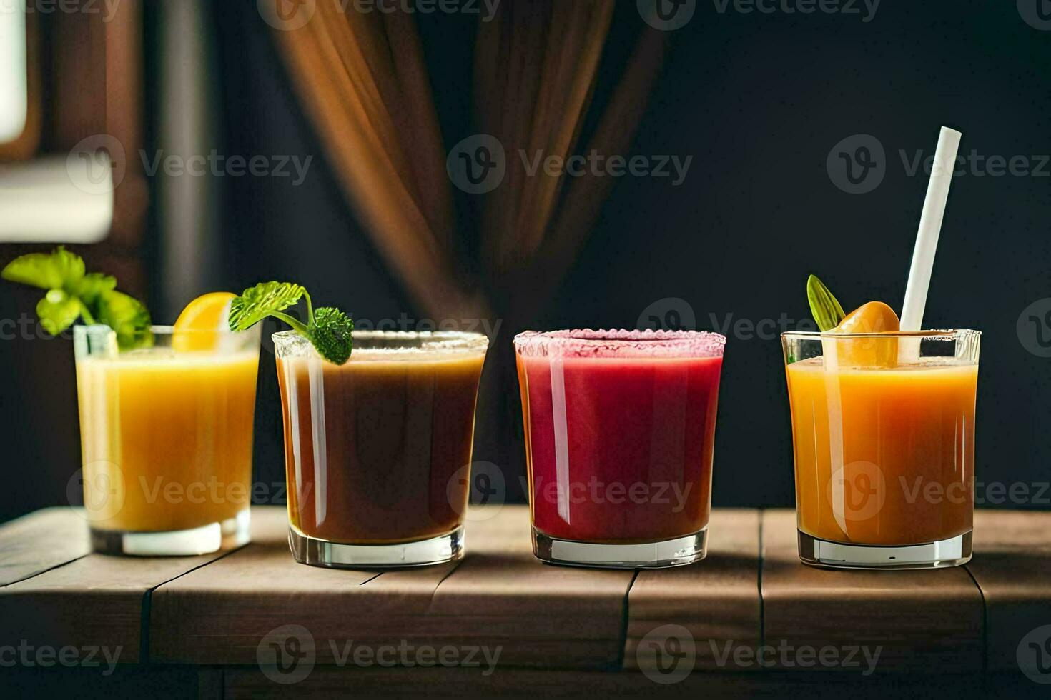 fem annorlunda typer av juicer i glasögon på en tabell. ai-genererad foto