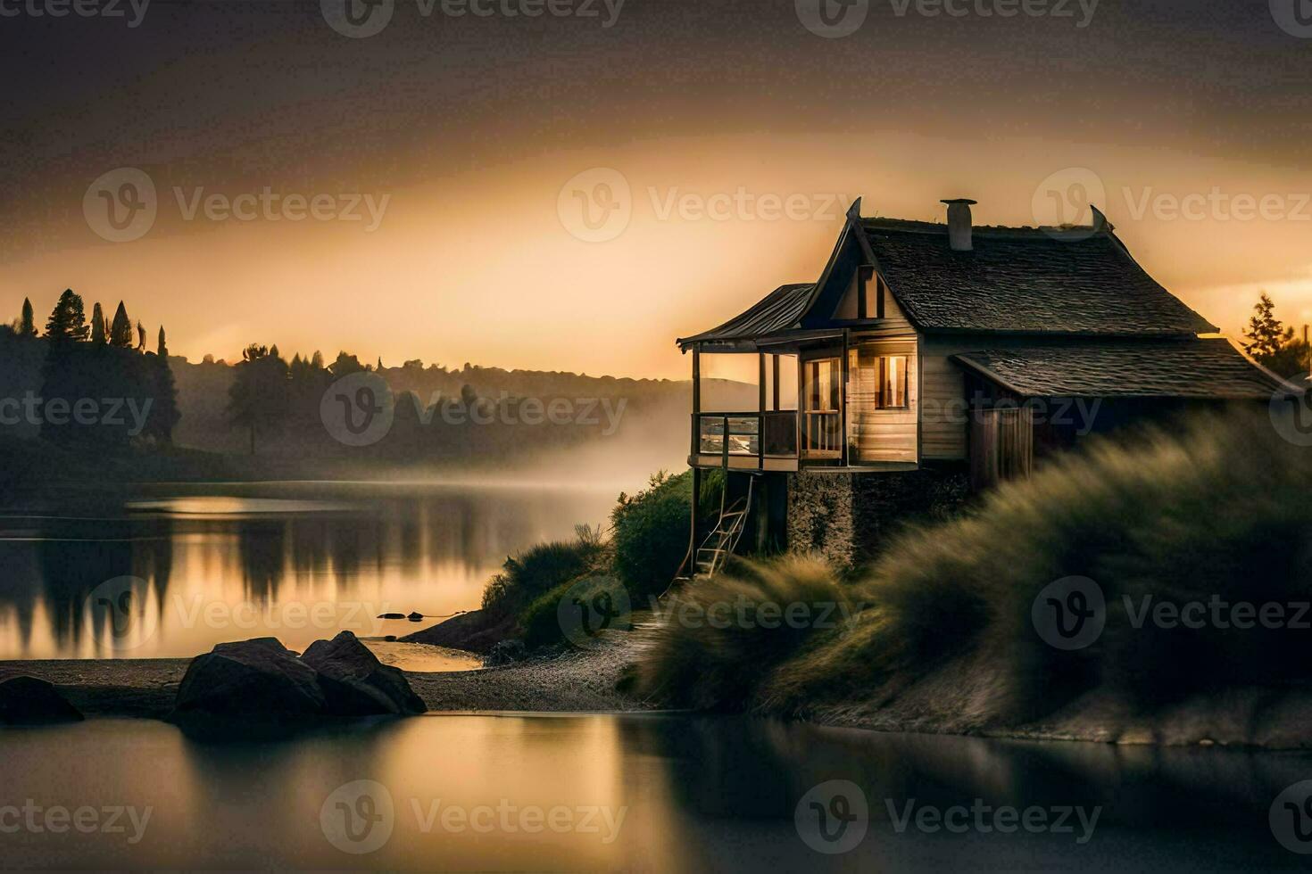 en små hus sitter på de Strand av en sjö på solnedgång. ai-genererad foto