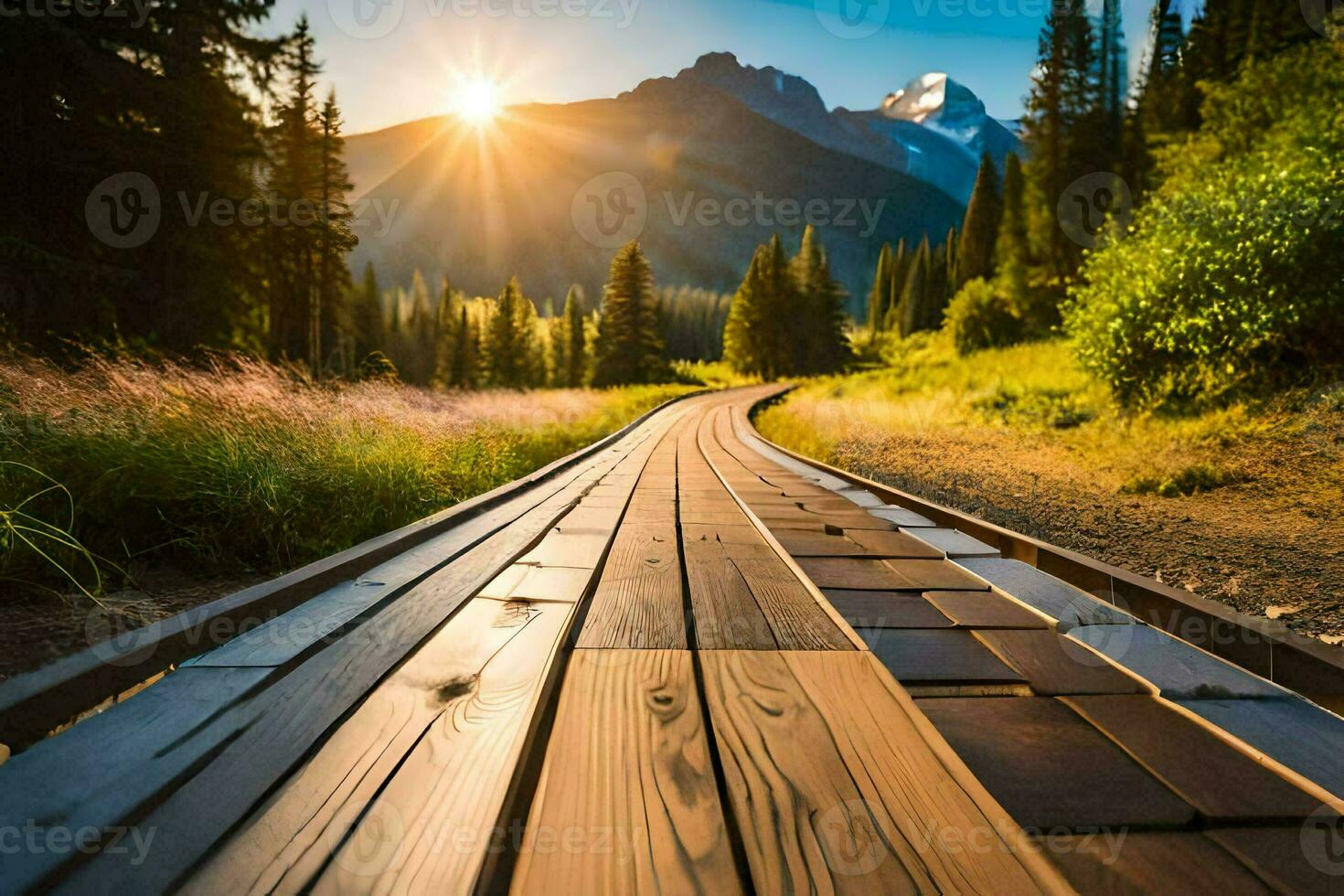 en trä- gångväg leder till en berg med de Sol lysande. ai-genererad foto