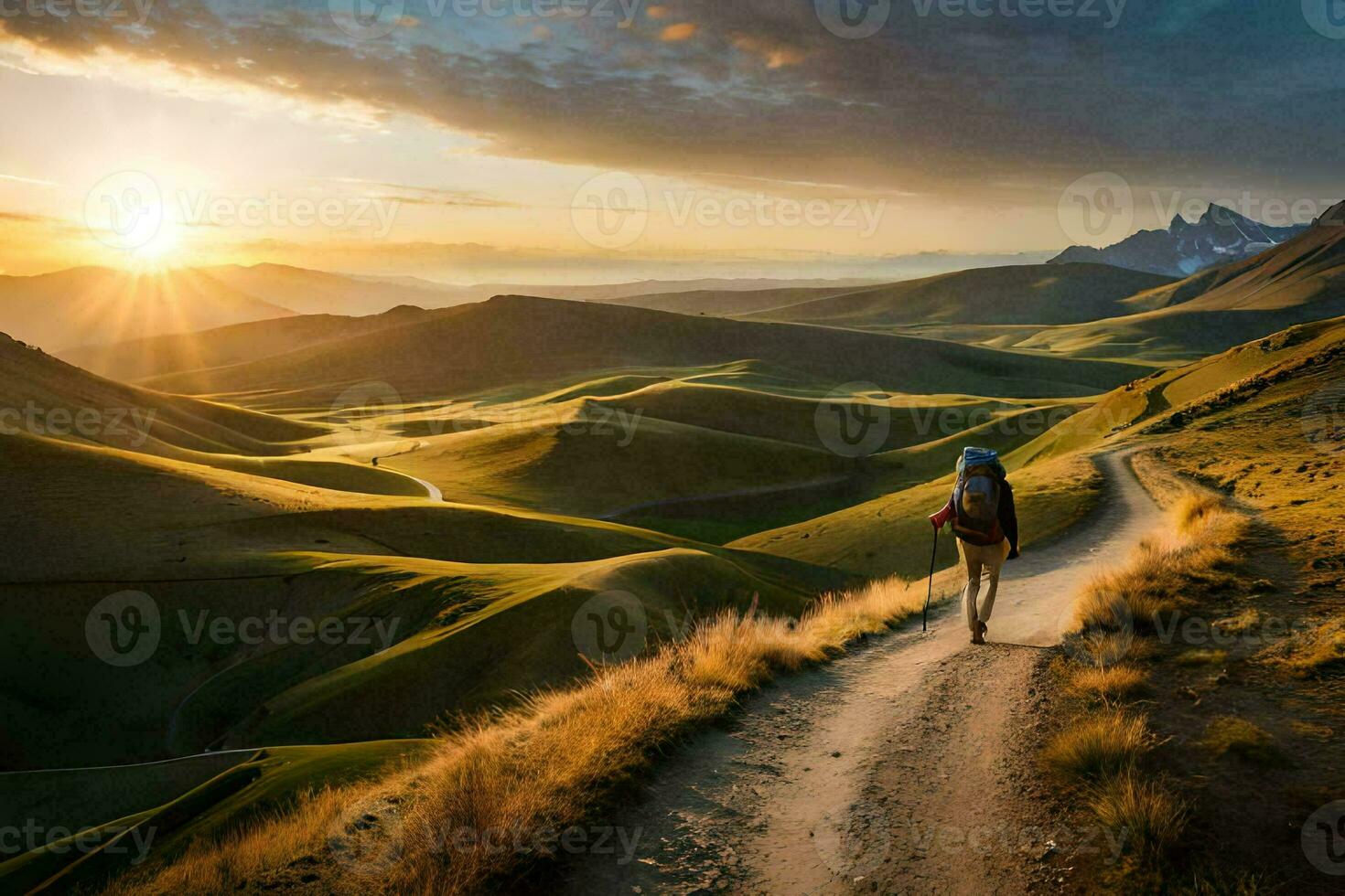 en man promenader på en väg i de berg. ai-genererad foto