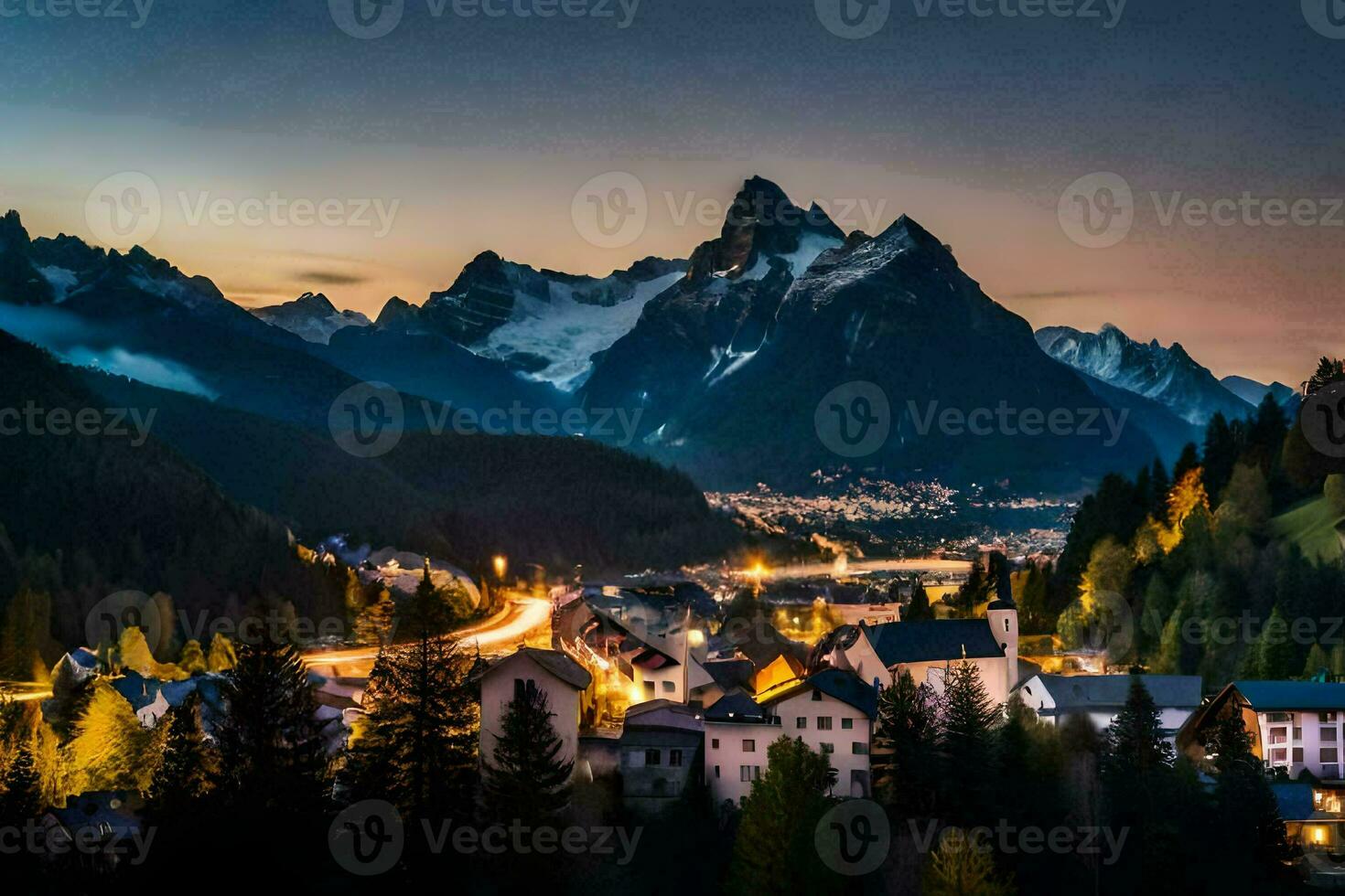 de stad av alpin i de alps på skymning. ai-genererad foto