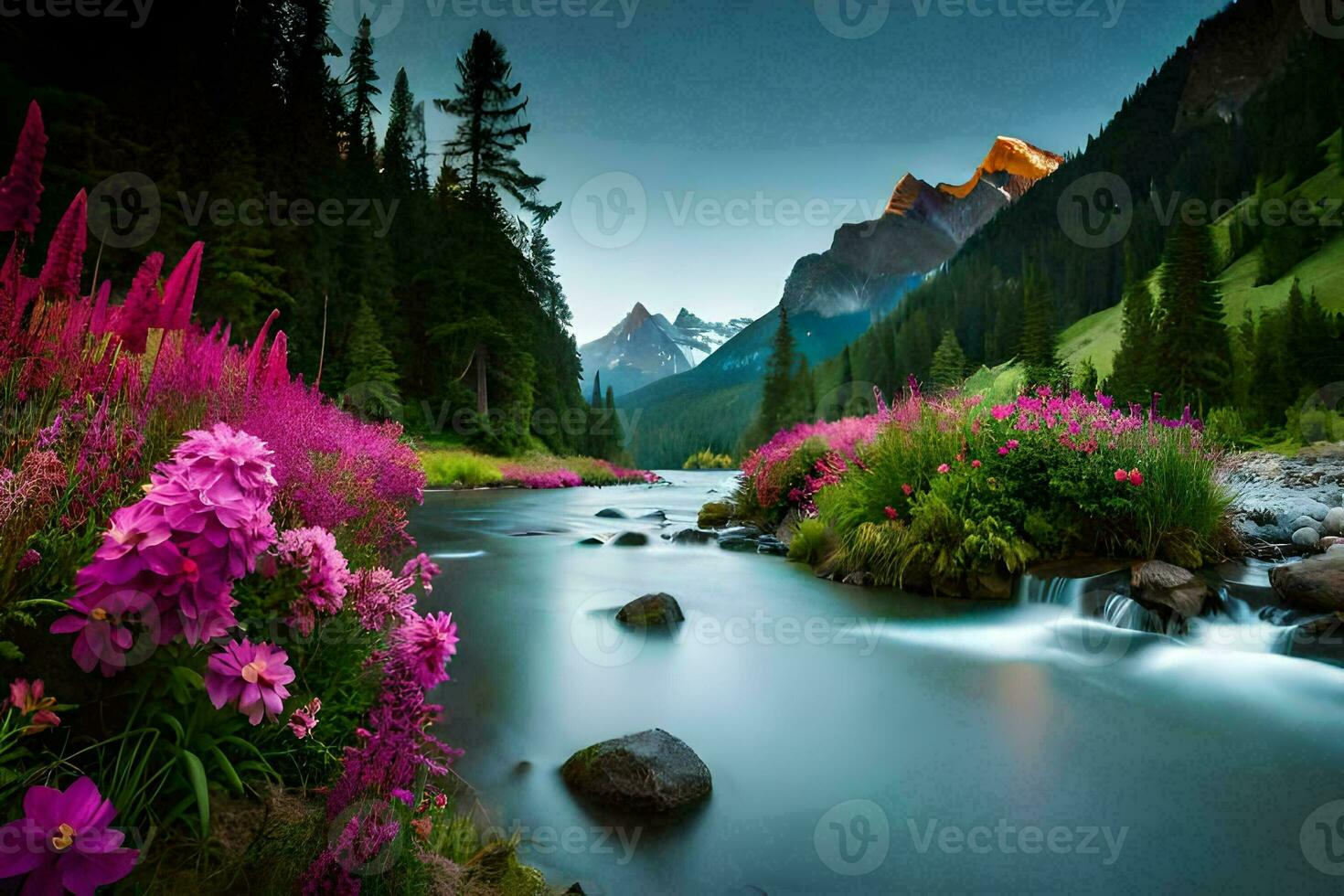 de flod är strömmande genom en skog med rosa blommor. ai-genererad foto