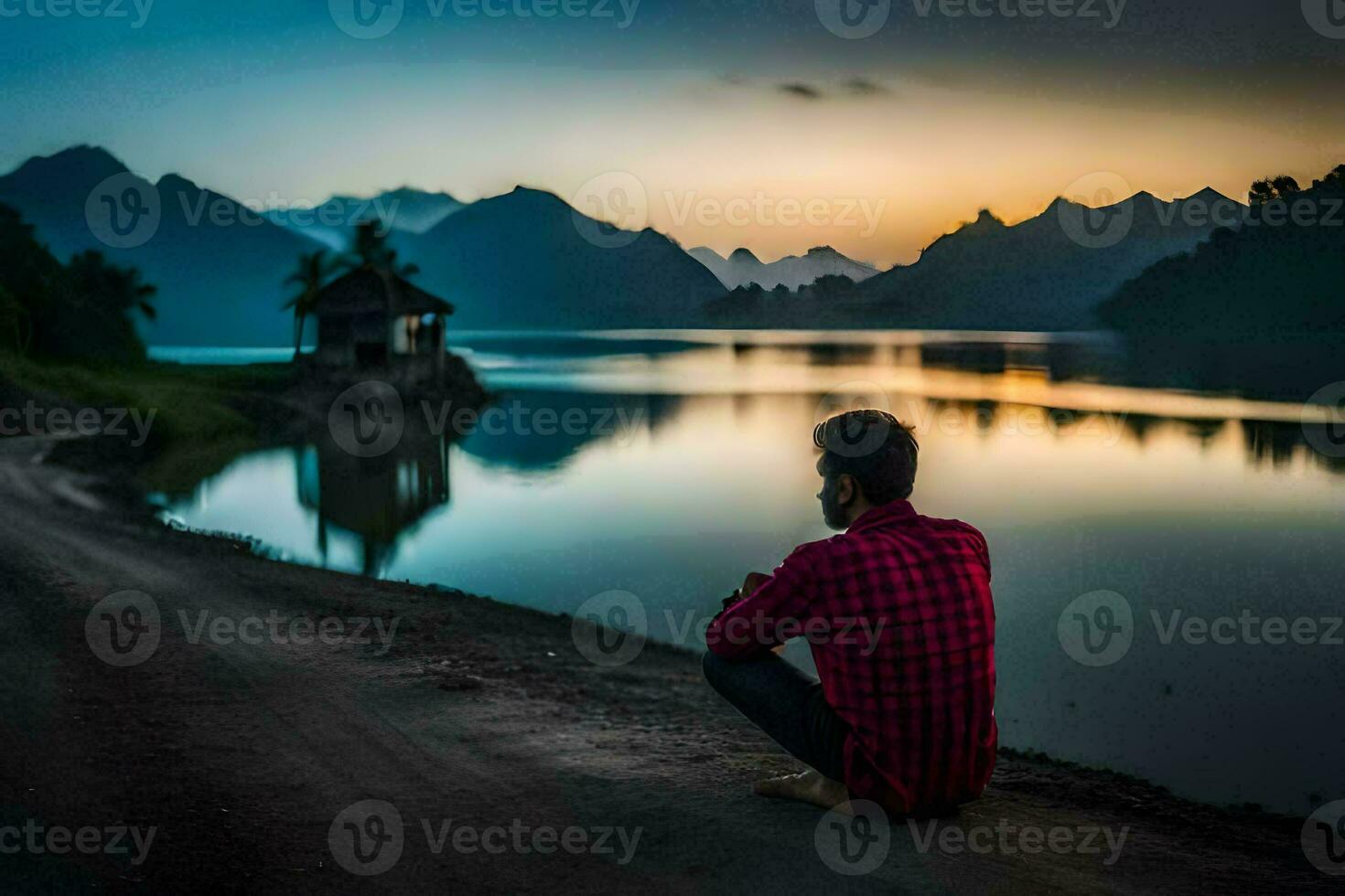 en man Sammanträde på de sida av en sjö på solnedgång. ai-genererad foto